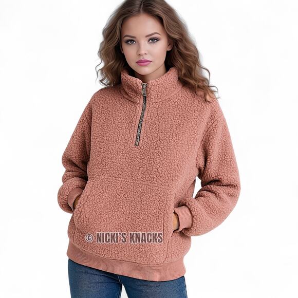 American Eagle Mauve Pink Sherpa Half Zip Pullover Teddy Jacket Sweatshirt M - Picture 9 of 10